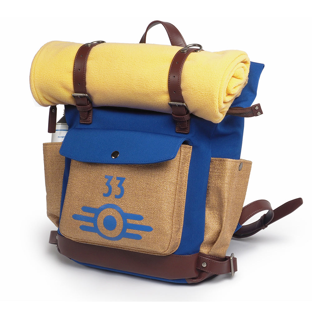 Fallout Lucy’s Vault-Tec Backpack Replica - Cosplay & Everyday Use Bag with Blanket and Bottle